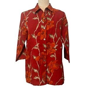 FRENCH LAUNDRY Silk Ramie Blouse Women's Sm RED Floral Hawaiian Button Up Shirt